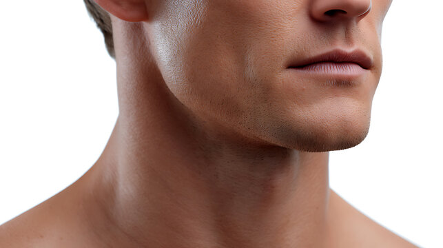 A close-up view of a man's neck and chin, showcasing his strong jawline and smooth skin. The man is looking at something with serene expression