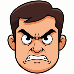 A cartoon man with an angry expression, furrowed brow, and aggressive stare, front view illustration