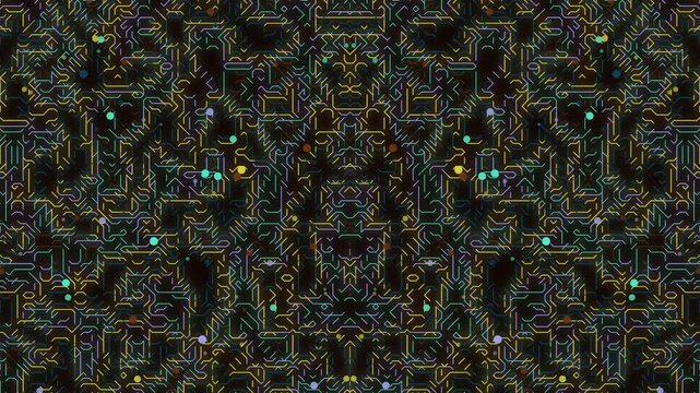 A detailed and complex abstract pattern with a simple gray gradient background, featuring glowing dots and intricate lines