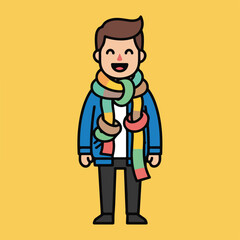 Obraz premium Cartoon man wearing colorful scarf and blue jacket standing alone