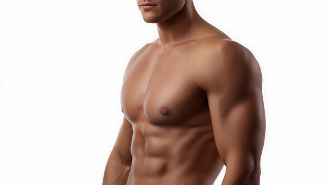 A man's upper body reveals sculpted torso and abdominal muscles. A physique demonstrating fitness and wellness