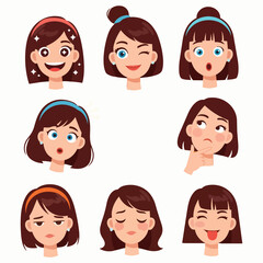 Collection of cartoon woman's facial expressions showcasing various emotional states in a grid layout