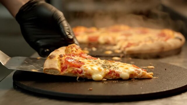 A gloved hand carefully lifts a steaming, cheesy slice of freshly baked pizza from a warm serving stone, showcasing its delicious texture and appetizing appeal