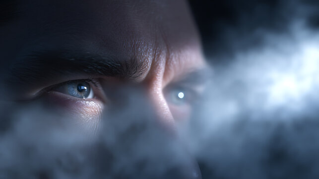 A close-up view of person's determined eyes amidst the fog. The striking visual emphasizes intensity and introspection. The gaze suggests depth and resolve. The person is emerging from a mist or fog