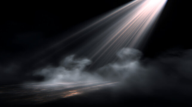A dramatic scene of light streaming through smoke, creating an ethereal atmosphere