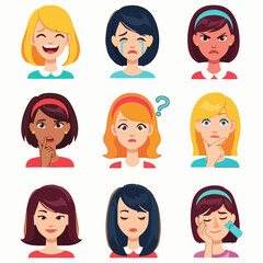 Illustration of diverse women's facial expressions showcasing various emotions and reactions in a grid layout