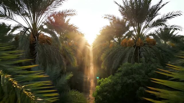 Sun Beams Through Date Palm Grove On Hot Farm Day