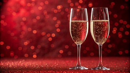 Two champagne flutes filled with bubbly on a glittery red background