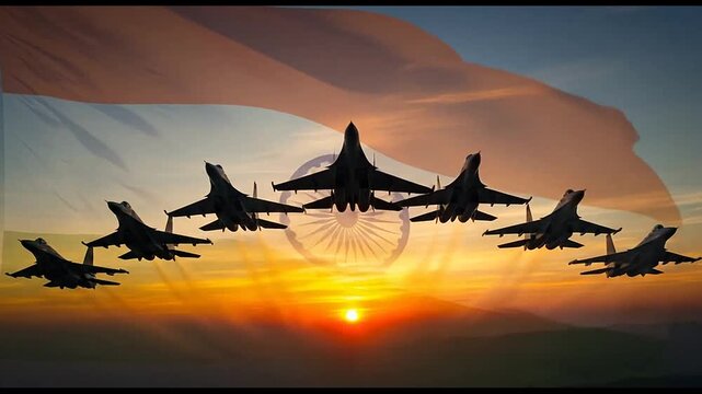 Indian flag and fighter jets flying at sunset over mountains