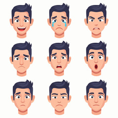 A cartoon male character displays various emotional expressions in a grid of nine illustrations from a frontal viewpoint