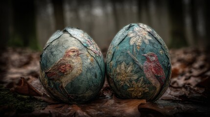 Chunky Textured Papier-Mache Eggs Adorned With Rustic Bird and Floral Art, Displayed Outdoors