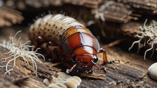 Close Up Video Of A Woodlouse Crawling On Bark.