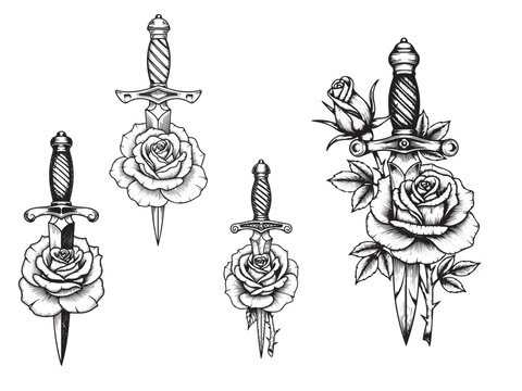 Traditional dagger through rose engraving tattoo design