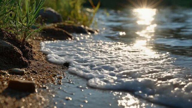 Sunlit wave laps a sandy pebbled shore with grass patches light gleams on water