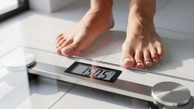 Woman stepping on digital scale for weight check