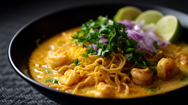 A delectable Thai khao soi noodle soup, elegantly presented in a black bowl