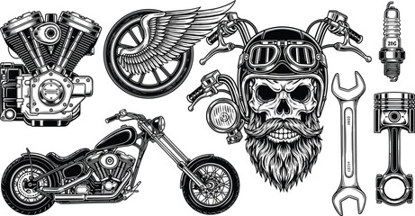 Detailed vector illustration of motorcycle elements, engine, chopper bike, winged wheel, spark plug, wrench, piston, skull helmet, black and white art © Hafeza
