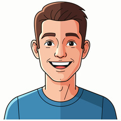 A smiling young man with brown hair wearing a blue shirt is depicted in a simple illustration style from a frontal viewpoint
