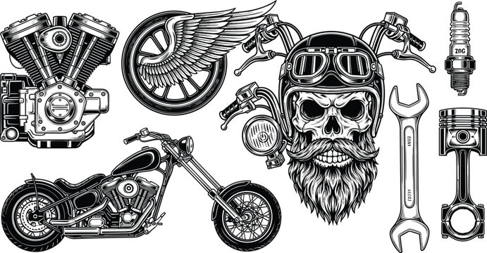 Detailed vector illustration of motorcycle elements, engine, chopper bike, winged wheel, spark plug, wrench, piston, skull helmet, black and white art