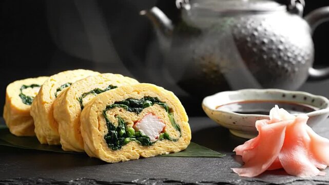 Sushi rolls with egg wrap spinach crab pickled ginger soy sauce  teapot