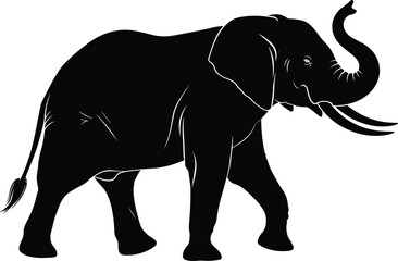 Fototapeta premium Elephant silhouette vector illustration, wildlife animal design, black elephant profile art, tusks trunk raised, conservation symbol graphic