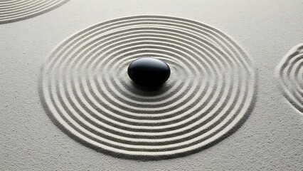 Zen garden with raked sand ripples and a single dark stone creates a calming atmosphere.