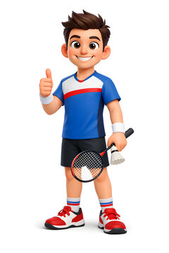 A young cartoon boy in sportswear holding a tennis racket and shuttlecock, giving a thumbs up.