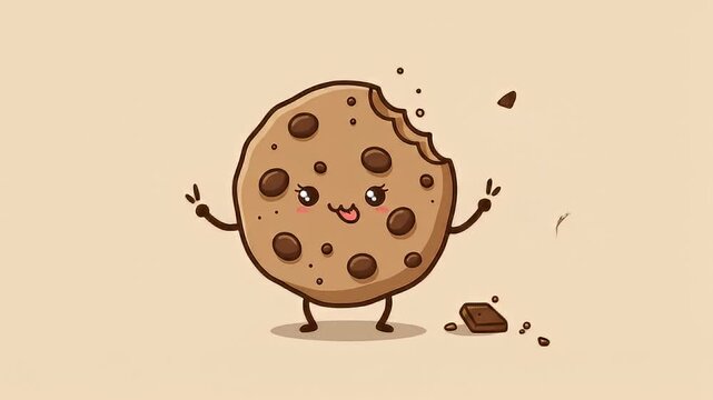 Playful Cookie.
Description A cartoon cookie character, with missing bite, smiles, gesturing, on a neutral background