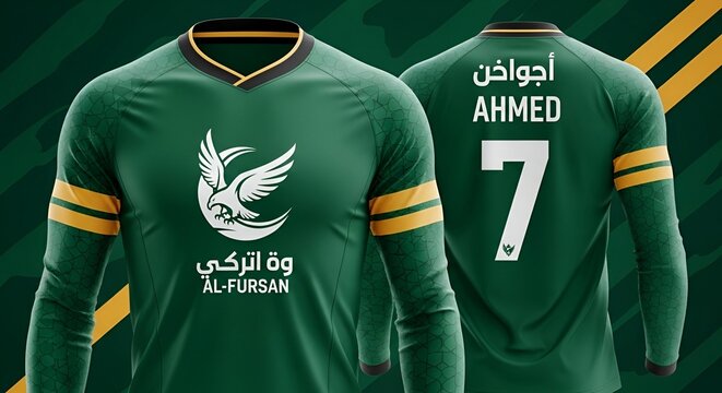 Green Soccer Jersey with Gold Trim and Arabic Text Featuring Bird Emblem and Player Number Seven AHMED on Back