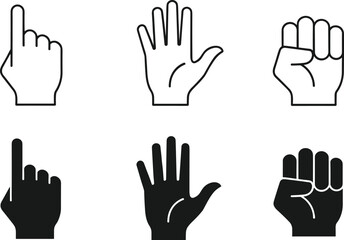 Obraz premium Set of hand gesture icons including pointing finger open palm and clenched fist in outline and solid black styles isolated on white