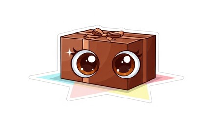 Cartoon Brown Gift Box with Big Cute Eyes on Colorful Star Backdrop
