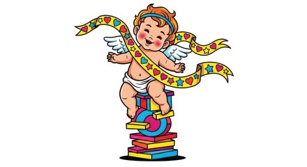Cute Angel Baby on Books with Colorful Ribbon