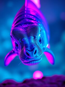 Shimmering hues of cyan and amethyst caress a majestic Frontosa, its stoic gaze hinting at ancient depths ,  serene,  pastel