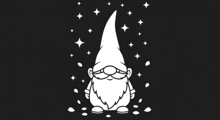 Whimsical Gnome with Pointed Hat Surrounded by Stars and Leaves