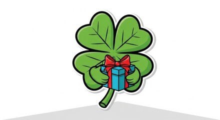 Cartoon Clover Leaf Holding Gift Box in Colorful Stamp Art