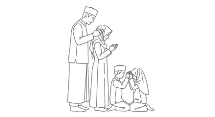 Devout Muslim family praying together at home, performing Salah with focus and peace, isolated white background.
