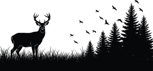 Fototapeta premium Silhouette vector illustration of a deer in forest with birds flying, nature scene with trees, grass, and wildlife perfect for outdoor design themes.