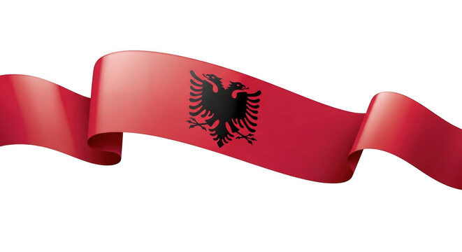 Red ribbon with albanian flag emblem waving in the air, symbolizing national pride and cultural heritage, isolated on transparent background