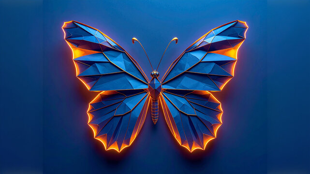 Low poly butterfly icon glow orange neon light navy blue background. Symmetry tech nature concept art. Digital design element marketing branding backdrop 2026 visual trend studio graphics asset. AI...