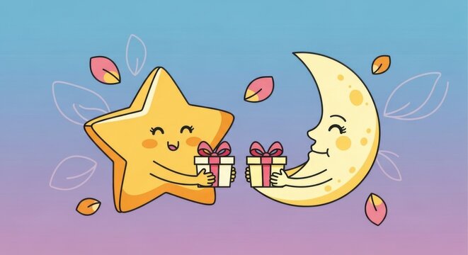 Happy Star and Moon Exchange Gifts in Soft Gradient Sky