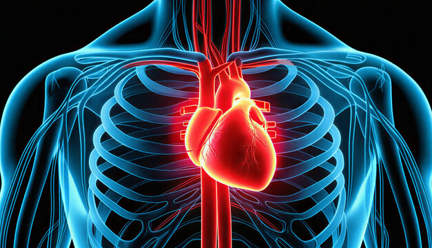 Anatomical illustration of the human heart beating within the chest cavity, highlighting circulatory system and major arteries