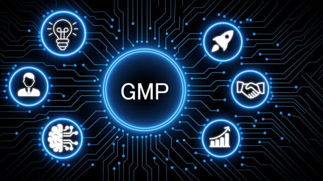 A glowing neon GMPG concept surrounded by smaller icons for ai and manufacturing process management all connected in a digital circuit like pattern, manufacturing planning, 