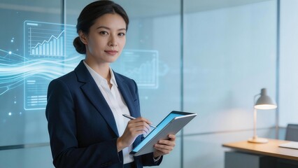 Businesswoman in office with digital data