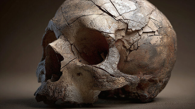 An ancient, weathered skull, a testament to time and history. The skull is cracked and worn, showcasing a glimpse into the past