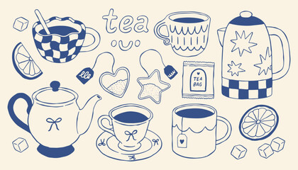 Obraz premium Hand drawn tea vector illustration set with teapots, cups, kettle, tea bags, lemon and sugar. Cozy minimal line art style, mediterranean blue perfect for branding, packaging, menus, posters and decor