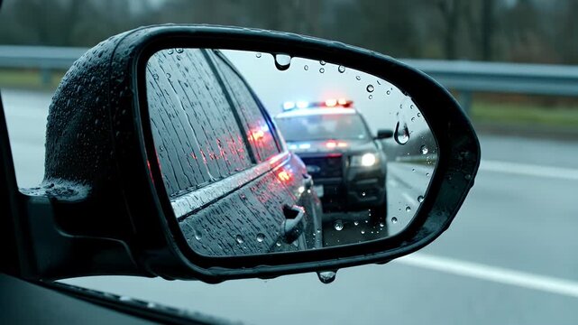 Police Car Pursuit Reflected In Side Mirror On Rainy Wet Road Stop