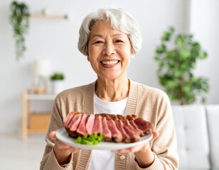 高齢女性が肉料理