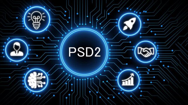 A glowing neon psd2 concept surrounded by smaller icons for ai and manufacturing process management all connected in a digital circuit like pattern, manufacturing planning, 
