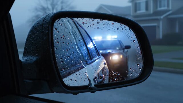 Police Car Reflected In Wet Side Mirror During Traffic Stop At Night