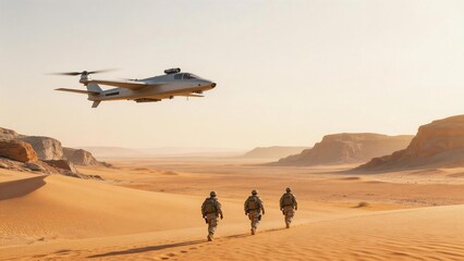Soldiers in desert with flying vehicle